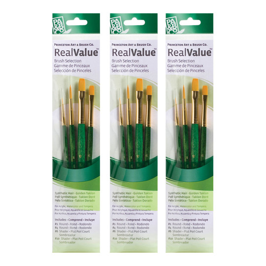Gold Taklon Short-Handle Mixed Media Paintbrush Sets, Green, 12 Brushes