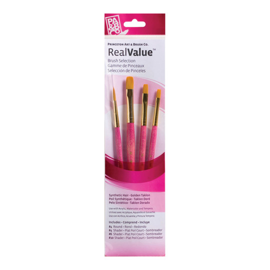 RealValue Gold Taklon Short-Handle Mixed Media Paintbrush Set, Pink, 4-Piece