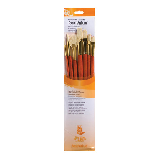 Natural Bristle Long-Handle Mixed Media Paintbrush Set, Orange, 7 Pieces