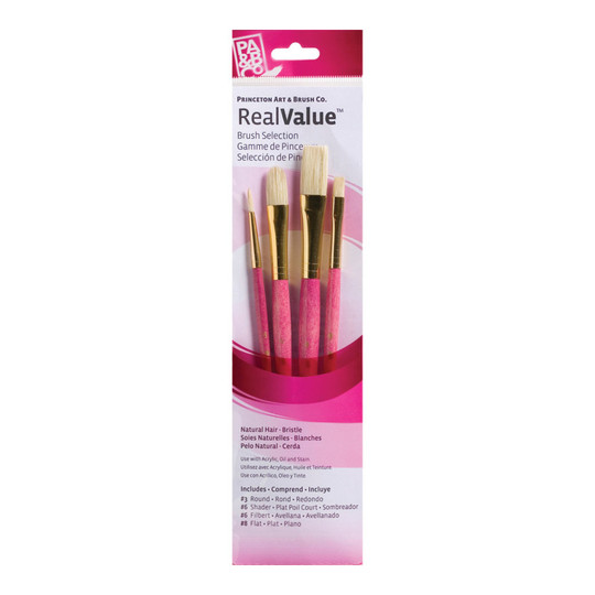 Pink Natural Bristle Short-Handle Paintbrush Set, 4-Piece