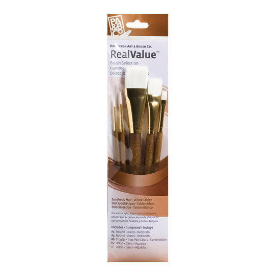 RealValue White Taklon Short-Handle Mixed Media Paintbrush Set, 5 Pieces