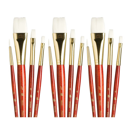 White Taklon Short-Handle Mixed Media Paintbrush Sets, Red, 12 Brushes