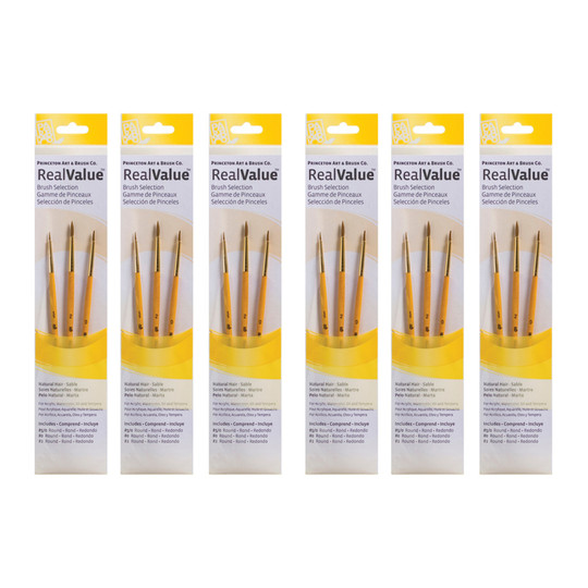 Round Camel Bristle Short-Handle Paint Brush Sets, Yellow, 3 Brushes per Set, 6 Sets