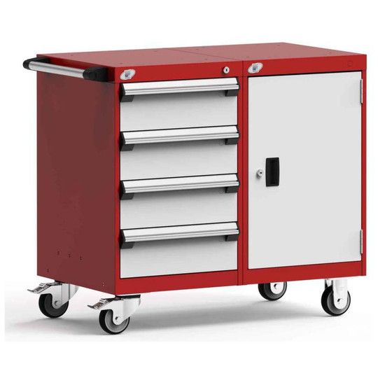 4-Drawer Mobile Cabinet, 36"W x 27"D x 33.13"H - With Dividers - Drawer heights: 4 6" H, 1 Integrated Door