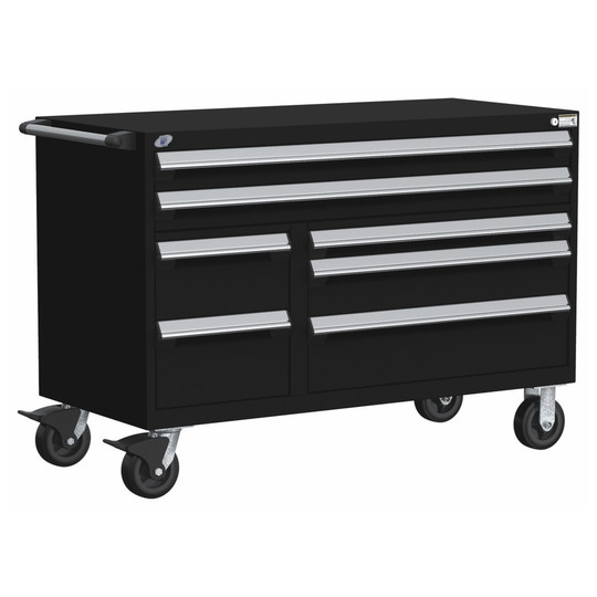 7-Drawer Mobile Cabinet, 54"W x 27"D x 37.5"H - With Dividers - Drawer heights: 2 4" (54"W), 1 8", 1 9", 1 3", 1 6", 1 8"