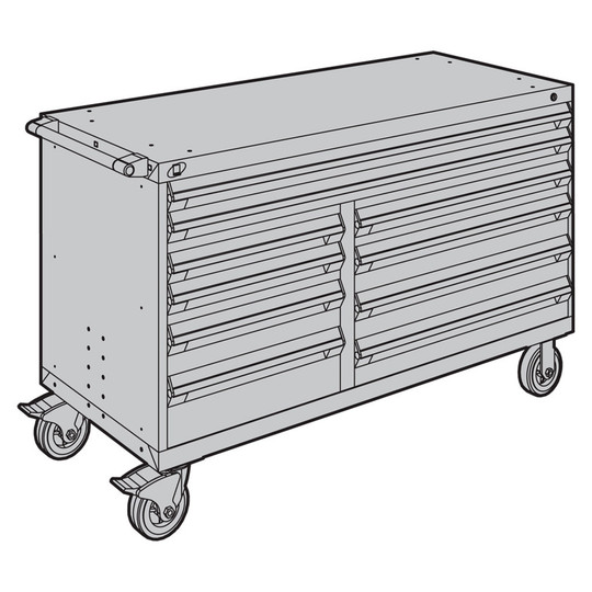 10-Drawer Mobile Cabinet, 60"W x 24"D x 37.5"H - With Dividers - Drawer heights: 2 3" (60"W), 1 3", 1 4", 1 5", 1 7", 1 4", 3 5"