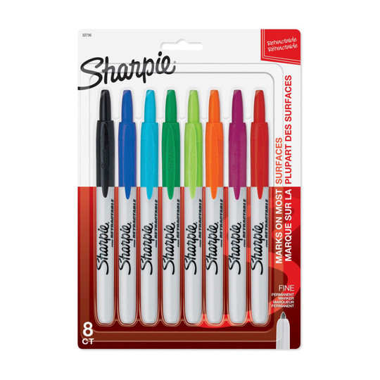Retractable Fine Point Permanent Markers, Assorted Colors, 8 Count