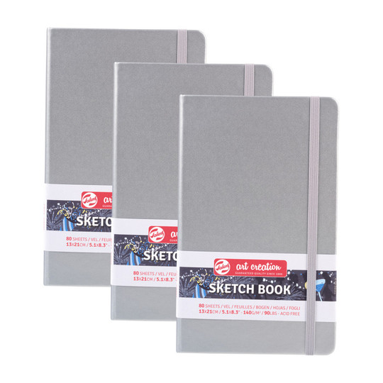 Hardbound Sketchbooks, 5.1 x 8.3 in., Shiny Silver Covers, 80 Sheets, Pack of 3
