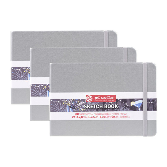 A5 Hardbound Sketchbook, 80 Sheets, Shiny Silver Cover, Pack of 3