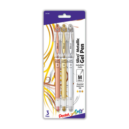Metallic Gel Pens, 0.8 mm Needle Tip, Assorted Colors, 3-Pack