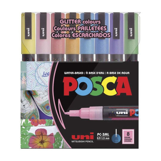 Water-Based Glitter Paint Markers, Fine Reversible Tip, Assorted Colors, 8 Pack