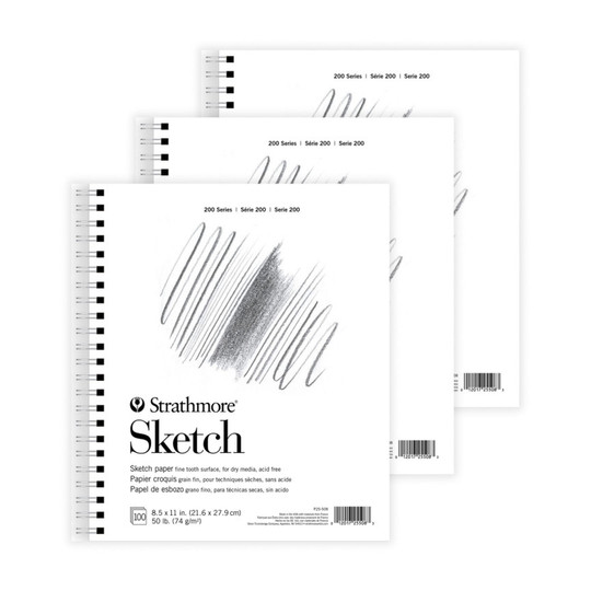 200 Series Wirebound Sketch Paper Pads, 100 Sheets, 8.5 x 11 in., 3-Pack