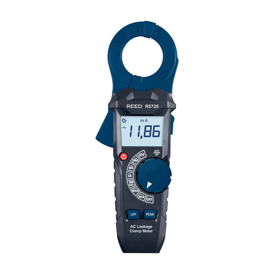 Blue AC leakage clamp meter with digital display and clamp jaw