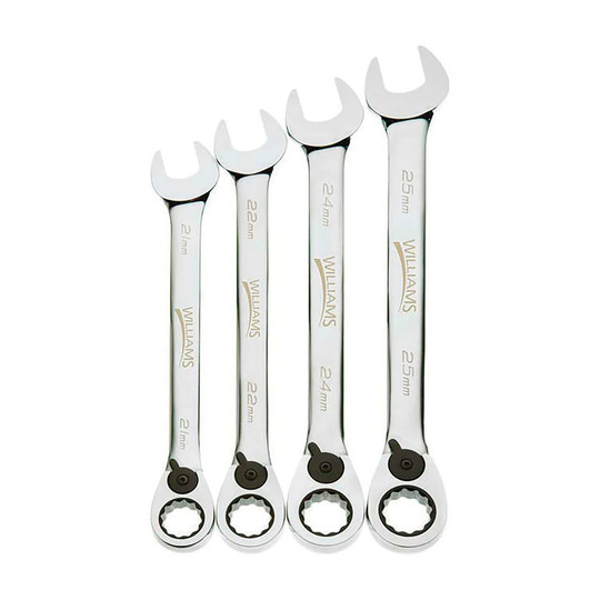 Four-piece chrome ratcheting combination wrench set with 21 mm to 25 mm sizes