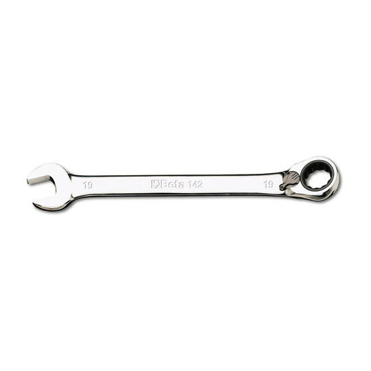 Silver 11 mm reversible ratcheting combination wrench with open end and 12-point box end