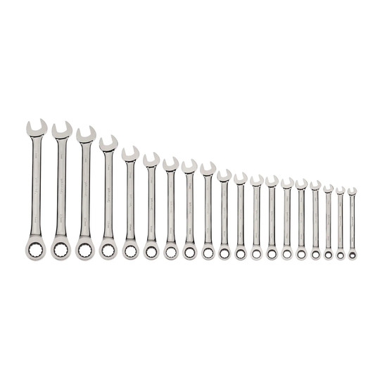 19-piece metric 12-point combination ratcheting wrench set with 6 mm to 24 mm sizes