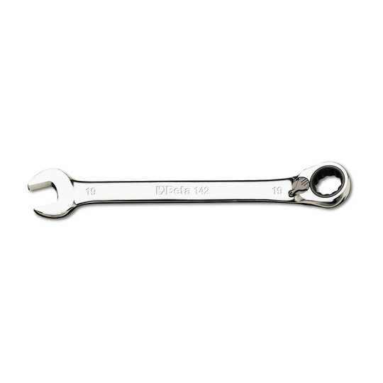 Silver 16 mm reversible ratcheting combination wrench with open end and 12-point box end