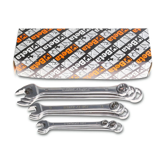 Stainless steel SAE offset combination wrench set with nine fractional-inch sizes