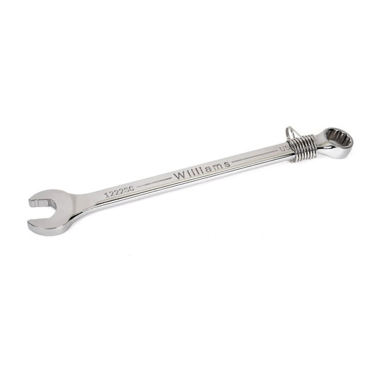 Silver 1-1/8 inch 12-point chrome combination wrench with attachment point