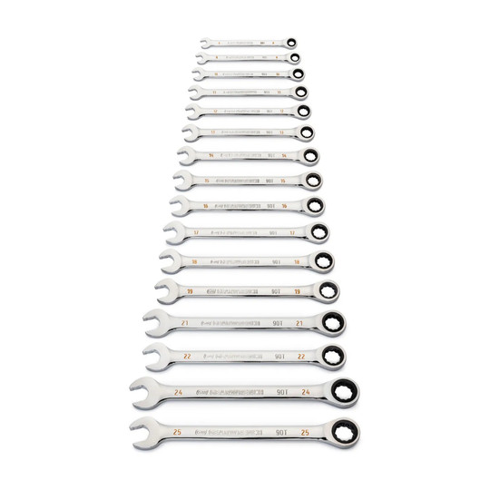 16-piece metric combination ratcheting wrench set with compact storage rack