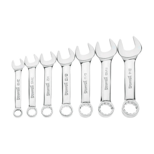 Seven-piece stubby 12-point combination wrench set in SAE sizes from 3/8 inch to 3/4 inch with chrome finish