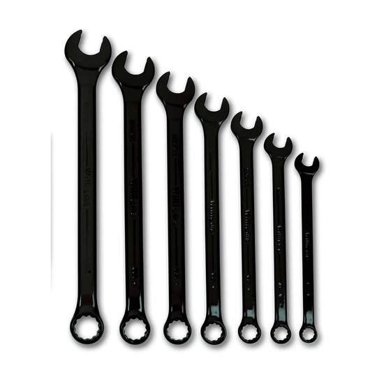 Black 7-piece 12-point combination wrench set with SAE sizes from 3/8 inch to 3/4 inch