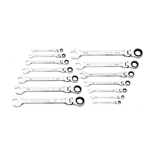 90-tooth flex-head SAE combination ratcheting wrench set of 14