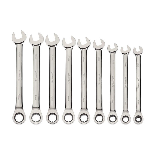 Nine-piece metric 12-point ratcheting combination wrench set in silver satin-chrome finish