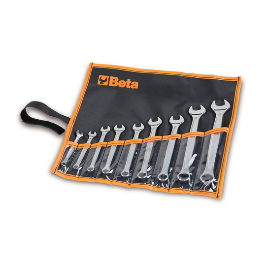 Nine-piece silver metric offset combination wrench set with 6 mm to 19 mm sizes