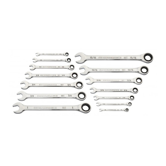 SAE 90-tooth 12-point combination ratcheting wrench set with compact storage rack