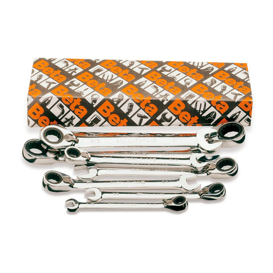 Silver SAE reversible ratcheting combination wrench set with eight 5/16 in. to 3/4 in. wrenches