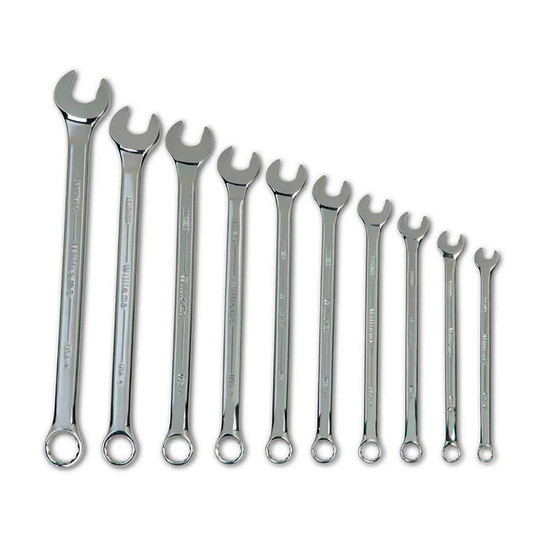 10-piece chrome metric combination wrench set with 7 mm to 17 mm sizes