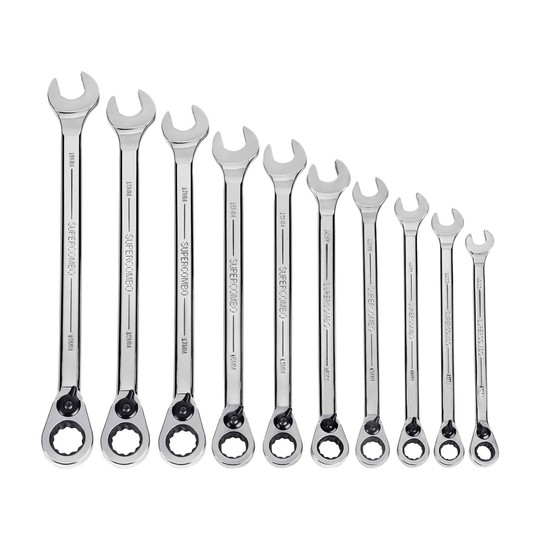 10-piece metric reversible combination ratcheting wrench set with chrome finish