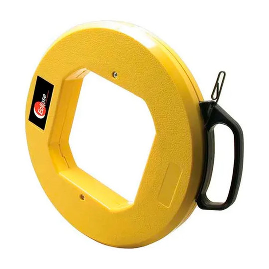 200 ft steel fish tape in a plastic container with slide handle