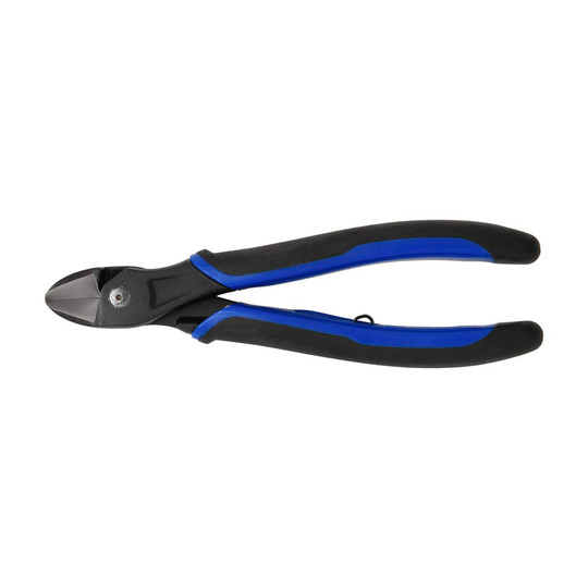 Black side-cutting pliers with bi-molded grips and return spring