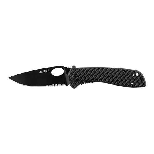 Black folding knife with partially serrated stainless steel blade and nylon handle
