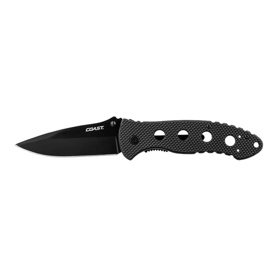 Black folding knife with stainless steel blade, textured nylon handle, and pocket clip