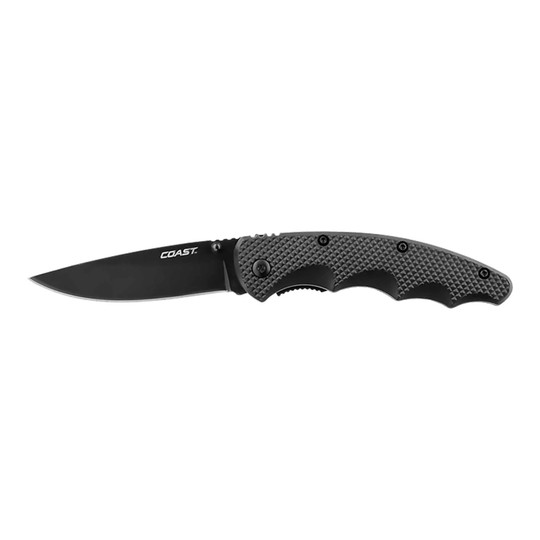 Black folding knife with stainless steel blade, thumb studs, liner lock, and textured nylon handle