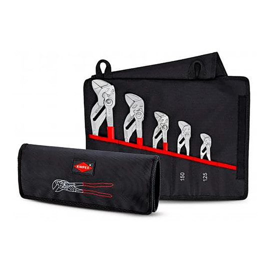 Pliers wrench set stored in a red polyester tool roll