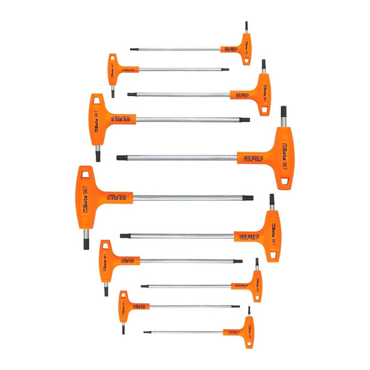 Orange metric T-handle hex key wrench set with 11 marked wrench sizes