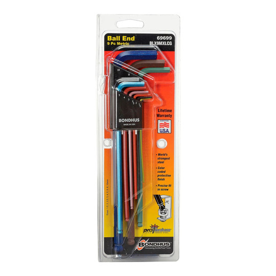 Color-coded 9-piece ball-end L-wrench set with extra-long arms