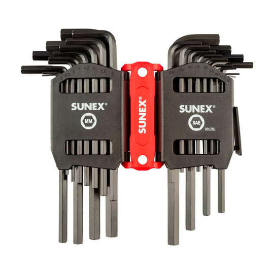 Long-arm SAE and metric hex key set with color-coded storage caddy