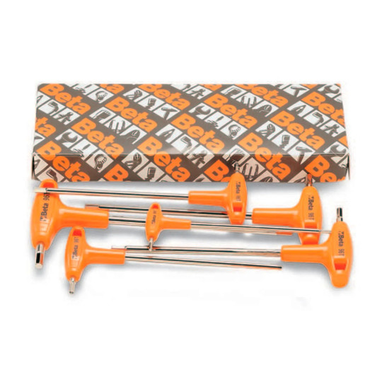 Orange metric T-handle hex key wrench set with six wrench sizes