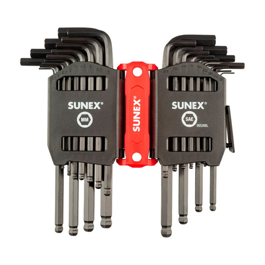 SAE and metric ball-end long-arm hex key set in a color-coded caddy