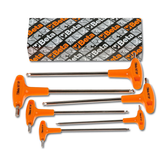Metric ball-end T-handle hex key set with six orange-handled wrenches