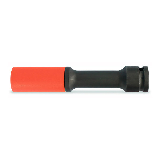 21 mm long wheel nut impact socket with 1/2 inch square drive and blue polymeric sleeve