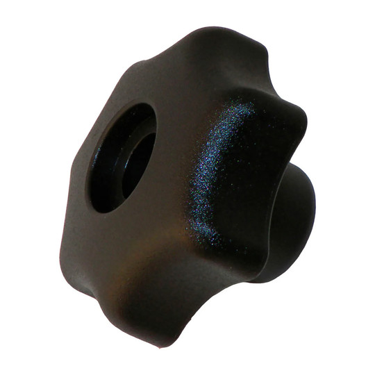 Black matte lobed hand knob with a 2-inch diameter and 3/8-16 through thread