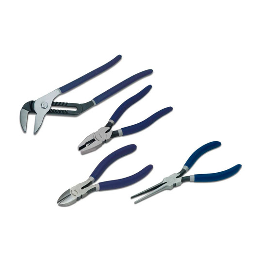 4-piece combination pliers set with blue plastic grips