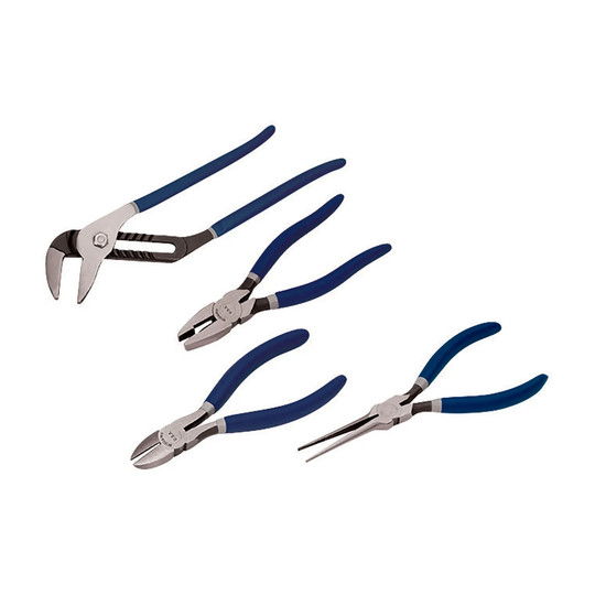 Four-piece combination pliers set with utility, linesman’s, diagonal cutting, and long-nose pliers