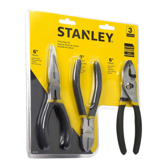 Black-handled long nose, slip joint and diagonal pliers
